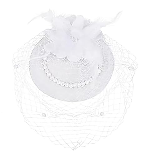 Fascinator Pillbox Hat for Women, Feather Flower Pearls Hair Headwear Veil - color: White
