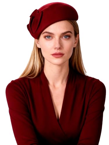 HIMESPORT Wool Felt Fascinator Hats for Women Ladies Female Wedding Cocktail Tea Party Dress Pillbox Hat - color: Wine Red 4