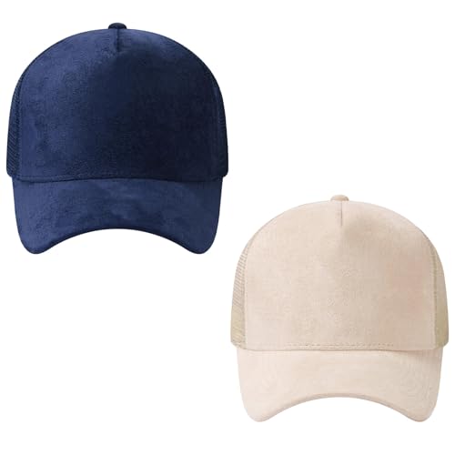 Suede Curved Brim Trucker Cap Adjustable Snapback Hat Mesh Back Breathable for Men Women 2 Pack SH03 - color: Pack of 2, Dark Blue & Bleached Sand