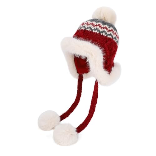 JIAHG Women Winter Warm Beanie Hat with Earflaps 3 Faux Fur Pompoms Peruvian Ski Cap Slouchy Jacquard Cable Knit Trapper Hat - color: Burgundy Red