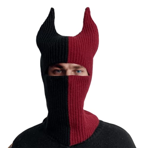 LOLAT Funny Horn Balaclava Ski Mask with Ears Full Face Hat Winter Warm Beanies Halloween Costume Men/Women - color: Black-maroon