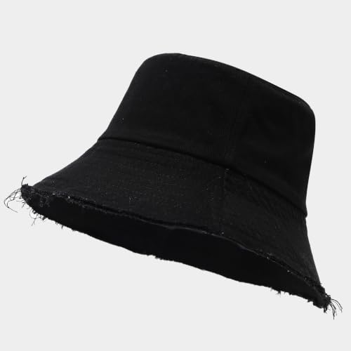 Quanhaigou Frayed Unisex Sun Hats, Fashion Beach Bucket Hat for Men Women,Summer Outdoor Boy's Girls Boonie Cap - color: Vintage Black