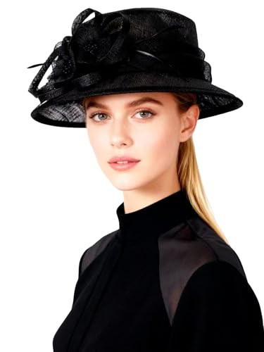 HIMESPORT Retro Sinamay Veil Flower Bride Wedding Fascinator Hat Feather Bowler Hat Hair Accessory Banquet Cocktail Party - color: Black 1