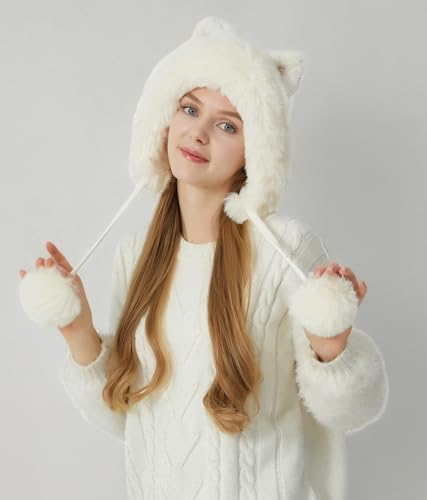 HUAMULAN Women Winter Sherpa Knit Beanie Hat Fleece Lined Ear Flaps - color: Cream White