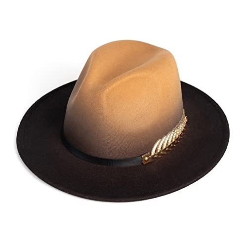 Women Gradient Color Fedora Wide Brim Felt Hat - color: A Camel/Black