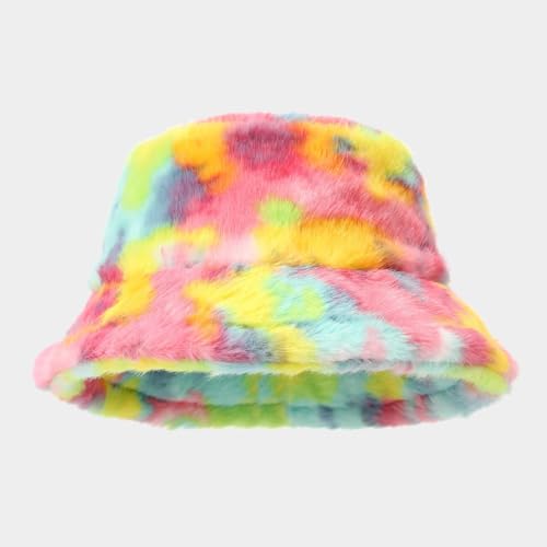 Quanhaigou Winter Faux Fur Bucket Hat,Fuzzy Warm Hat for Women Men, Fluffy Fisherman Cap - color: Tie-dyed Rainbow