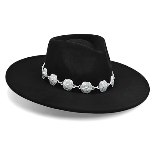 FLUFFY SENSE. Big Wide Brim Boho Western Hat for Women and Men - Felt Rancher Fedora Hat with 4 inches Flat Brim - color: Raven Black, size: Medium