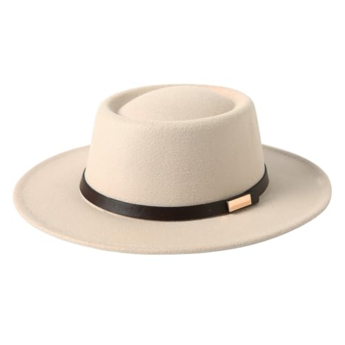 Lanzom Women Vintage Wide Brim Warm Wool Fedora Hat Belt Panama Hat Felt Jazz Hat - color: A-beige
