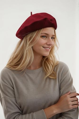 Women's Beret Hats - French Wool Blend Winter Cap, 70% Wool All-Season Soft Beret Hats for Women (Multi-Color) - color: Wine Red