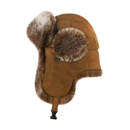 Men Russian Cossack Ushanka Trapper Hat Suede Faux Fur Hunter Hat Thick Furry Trooper Hat with Earflaps Skiing Cap - color: Brown