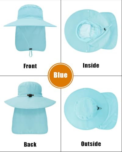 Outdoor Sun Hats with Stowable Neck Flap for Men Women UPF 50+ Mesh Summer Bucket Hat Wide Brim for Fishing Safari Hiking - color: Blue