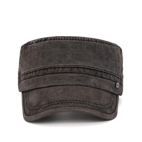 Military Cadet Army Cap for Men Women-Washed Cotton Vintage Adjustable Flat Top Baseball Hat - color: Distressed Black