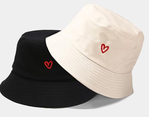 XYIYI 2 Pack Unisex Bucket Hat for Women Men Summer Beach Fishing Hat Sun Hat - color: Heart Black Beige