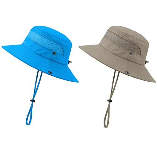 Kids Sun Hat UPF 50+ Safari Bucket Hat for Boys Girls - color: 2 Pack Khaki & Blue, size: Medium