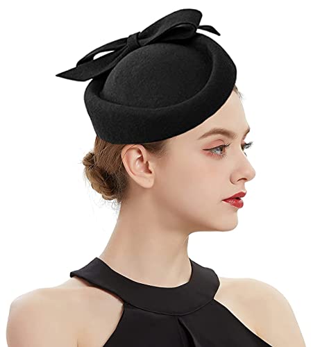 ORIDOOR British Style Pillbox Hat Women Church Wedding Winter Vintage Fascinator Beret 100% Wool Felt Hat with Veil - color: 03b-black