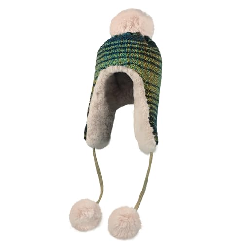 Women Winter Pompom Beanie Hat Fleece Lined Earflap Snow Ski Cap Sherpa Crochet Ushanka Skull Cap Outdoors Ear Cover - color: Green