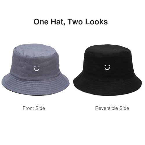 Reversible Embroidered Smile Face Bucket Hat, Packable Sun Hat for Women - color: Misty Blue /Black