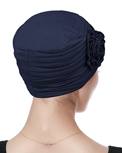 Alnorm Flower Design Chemo Hair Loss Caps Cancer Headwear for Women - color: Navy Blue