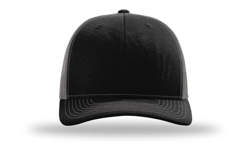 Richardson 112 Trucker Hat - Premium Blank Baseball Cap, Adjustable Snapback Hat - Structured Six Panel Richardson Blank Hats - color: Black/ Charcoal