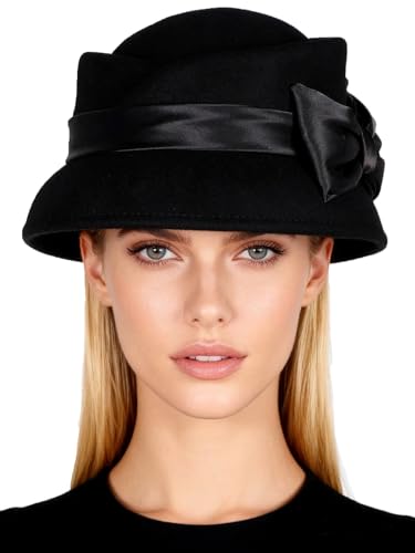 HIMESPORT Women's Wool Felt Fedoras Hat - Elegant Cloche Hats for Wedding,Formal Church,Cocktail,Tea Party with Bow Ribbon - color: Black