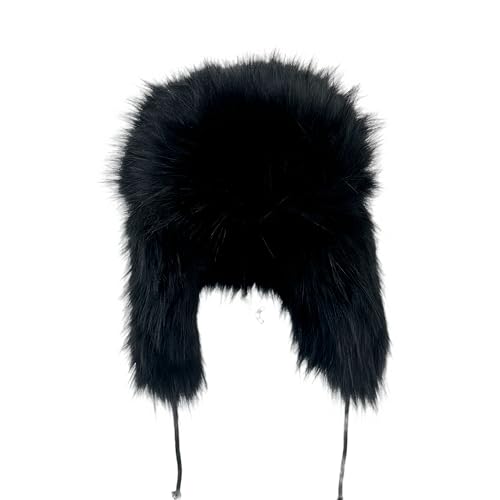 Y2K Faux Fur Russian Hat, Soft, Warm Winter Trapper Hat with Earmuffs for Men and Women - color: Black