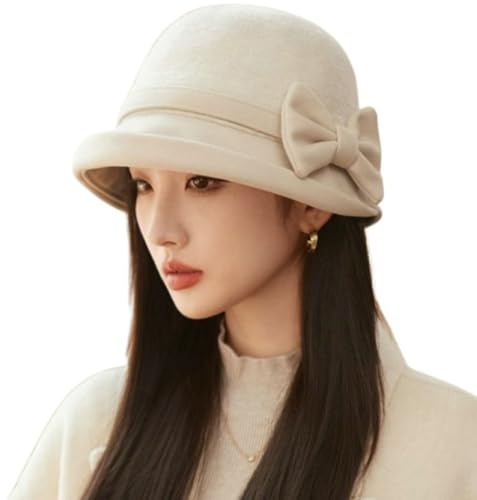 Classic Felt Fedora Hat for Women 2026 Fall Winter Soft Elegant Bow Bucket Hat Cozy Short Brim Cap 2026 - color: Beige