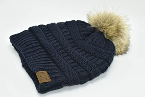 C.C Trendy Fuzzy Fleece Lined Warm Comfortable Soft Stretch Cable Knit Ribbed Faux Fur Pom Pom Beanie Hat - color: Navy Blue