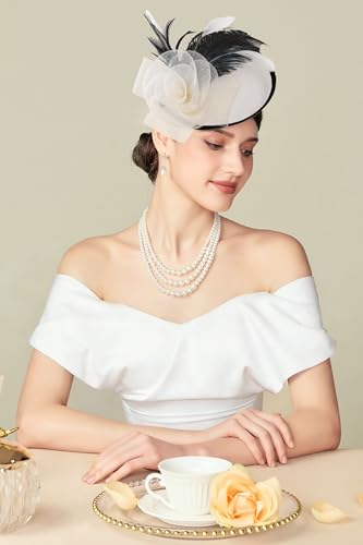 BABEYOND Fascinators Hats for Women Tea Party Mesh Flower Pillbox Derby Hat - color: White Black