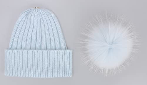 Women's Winter Ribbed Cuffed Beanie Skull Cap with Genuine Raccoon Fur Pom - color: Rc Blue