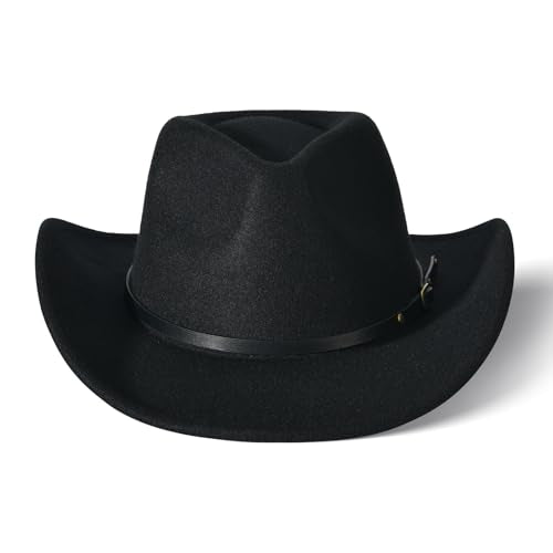 Classic Western Cowboy Hat Cowgirl Hat Unisex Men's & Women's Wide Brim Felt Fedora Hat Flat Top with Buckle Belt - color: Black 2#, size: 7-7 1/4
