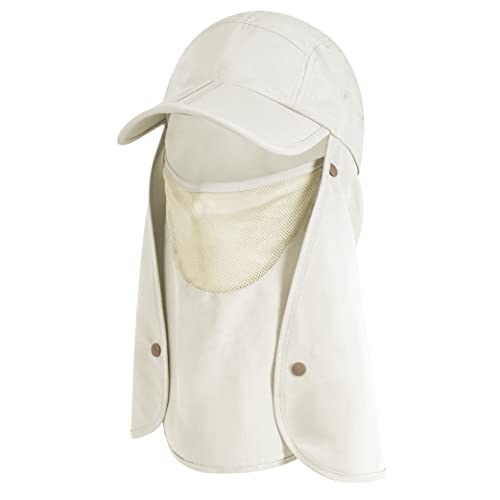 SUN CUBE Fishing Sun Hat with Neck Flap & Face Cover, Wide Brim UPF50+ Cap - color: Beige