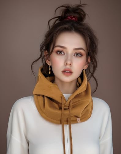 Unisex Sporty Snood Hat with drawstring Hood Scarf Neck Warmer Winter Balaclava Hood - color: Camel