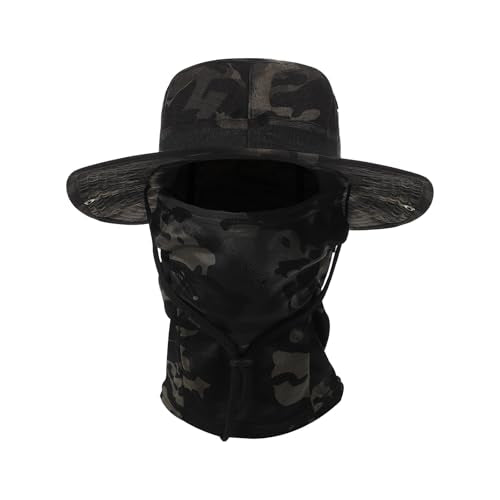 Boonie Hat with Balaclava Face Mask - UV Protection Wide Brim Sun Hat, Adjustable & Foldable for Hunting Fishing Outdoor - color: American Black