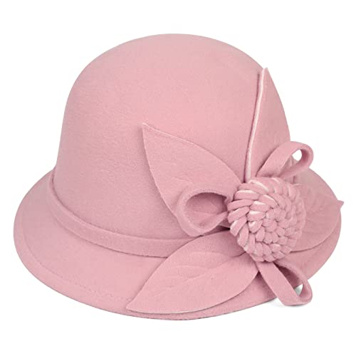 Ladies Wool Felt Bucket Hat Women Vintage Cloche Fedora Winter Church Bowler Hat with Bow - color: Pink Rose