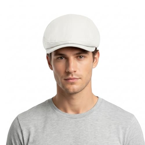 100% Cotton Newsboy Cap for Men Adjustable Flat Gatsby Ivy Cabbie Beret Hat for Summer Driving Hunting - color: White-ab, size: Large