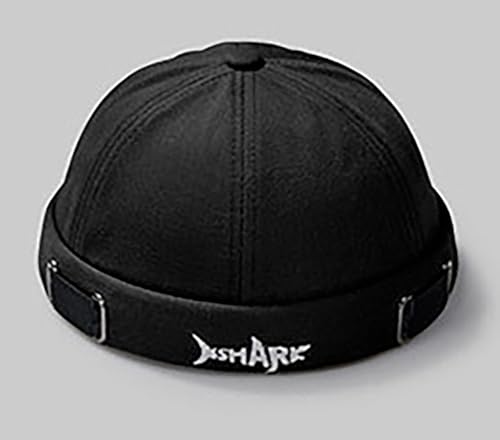 Mens Docker Cap – Brimless Beanie Skull Cap Retro Rolled Cuff Adjustable Cotton - color: Shark Embroidery