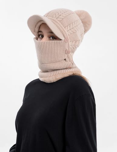 HUAMULAN Women Cable Knit Balaclavas Winter Fleece Lined Beanie Hat - color: Khaki With Pompom