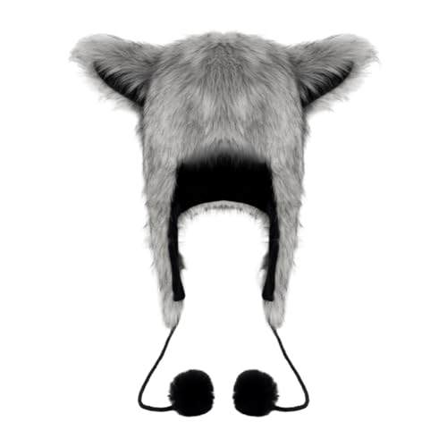 PURFUN Fuzzy Faux Fur Full Hood Trapper Hats with Animal Ear, Adults Halloween Cosplay Roleplay Cat Wolf Ear Hooded Hats - color: Grey