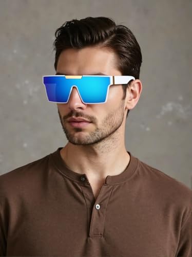 Oversized Sunglasses Men and Women Flat Top Square Frame UV400 Protection Trendy Visor Shades - color: Blue/White