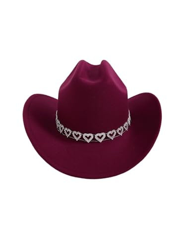 Verdusa Women's Western Cowboy Hat Rhinestone Wide Brim 2026 Cowgirl Hat - color: Burgundy