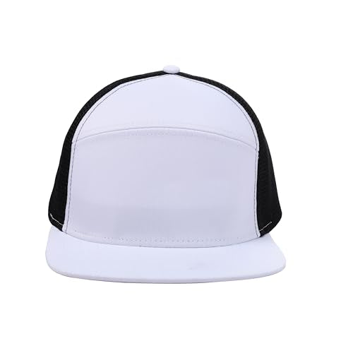 Oversize XXL Blank Flatbill Mesh Snapback Cap for Big Head 23.6"-25.6" Extra Large 6 Panel Camper Style Hat Baseball Cap - color: B - White Black