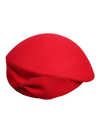 Wedding Hats for Women Vintage Wool Felt Berets Ladies Pearl Fascinator Autumn Winter Cap Bow Church Fedoras - color: Red 3
