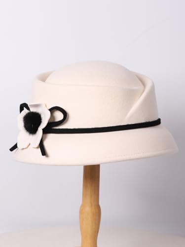 HIMESPORT Women's Wool Felt Fedoras Hat - Elegant Cloche Hats for Wedding,Formal Church,Cocktail,Tea Party with Flower - color: White