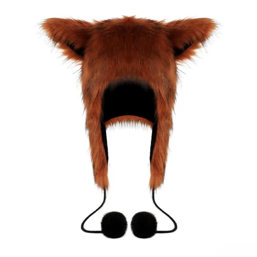 PURFUN Fuzzy Faux Fur Full Hood Trapper Hats with Animal Ear, Adults Halloween Cosplay Roleplay Cat Wolf Ear Hooded Hats - color: Red Brown