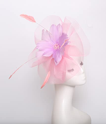 Women Derby Church Organza Flower Wedding Tea Party Fascinator Wide Brim Sun Hat - color: H2-purple,pink Flower