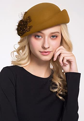 ORIDOOR Women Vintage 100% Wool Felt Flowers Bucket Cloche Bowler Hat Church Wedding Beret Hat - color: Camel