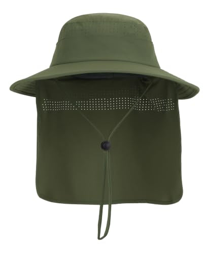 UPF50+ Sun Hat for Men Women,UV Protection Wide Brim Mesh Fishing Hat with Neck Flap for Outdoor Hiking - color: Army Green
