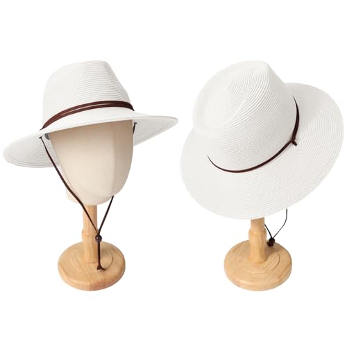 DRESHOW Womens Summer Straw Sun Hat Wide Brim Bucket Hats Fedora Hat Panama Beach Hat with Chin Strap UPF 50+ - color: 1 Pc Panama Fedora: White