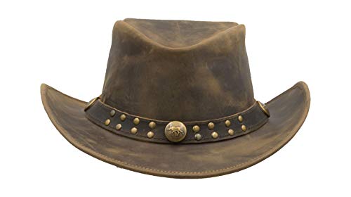 Walker and Hawkes Unisex Leather Cowhide Outback Two-Tone Brisbane Hat - Stylish Sun Protection, Breathable, Travel-Ready - color: Light Brown, size: Large