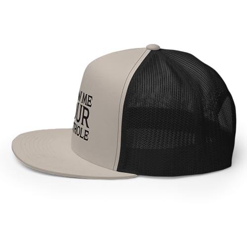 Show Me Your Butthole Premium Trucker Hat Flat Bill High Crown Adjustable Funny Cap - color: Silver/ Black
